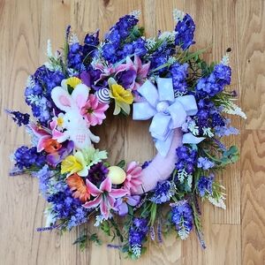 Colorful Floral Easter Wreath with Bunny and Bow